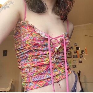 NWOT Miss Selfie Abstract Heart Print Mesh Lace Up Spaghetti Strap Tube Top Y2K